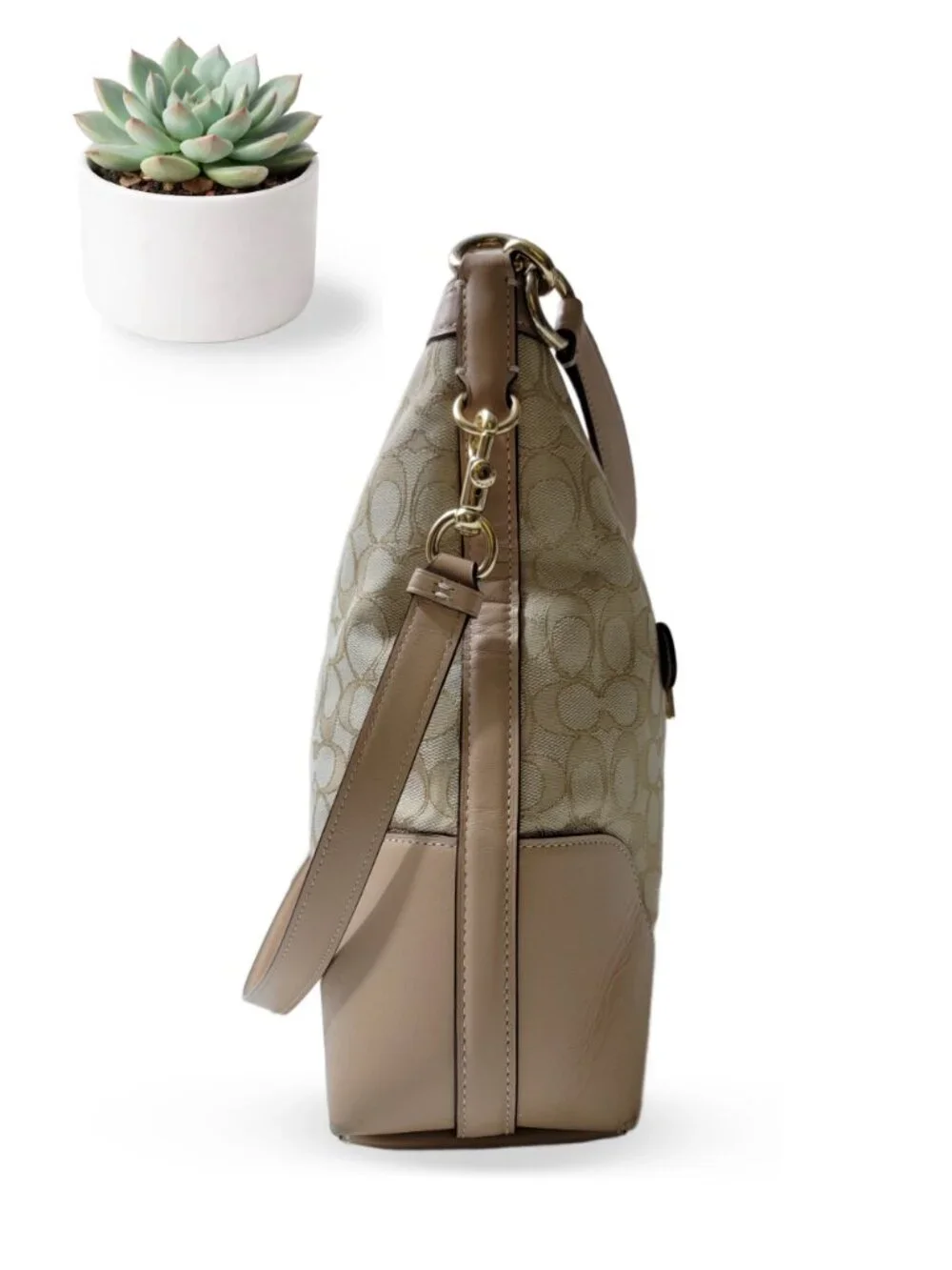 Coach Ivie Hobo Signature Jacquard Bag Light Khaki Beechwood Leather F34824